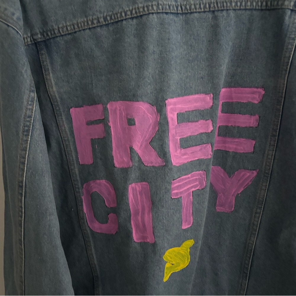 Free City Denim Jacket with Pink bc and Yellow Accents